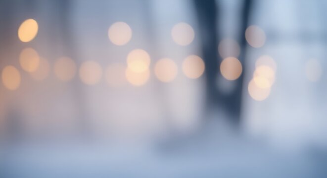 Soft and Dreamy Outdoor Scene with Blurred Lights and Cool-Toned Color Palette - Captivating Snowy Landscape Background for Warm and Inviting Atmosphere. Lence blur effect. light bokeh. wallpaper.