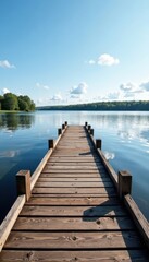 Obraz premium Wooden jetty extends over calm Masurian lake water, tranquil, scenery