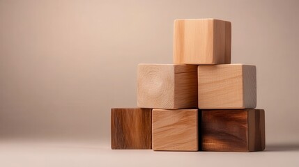 Obraz premium A refined composition of various wooden blocks stacked artfully in soft beige hues, showcasing rich textures and subtle tones that evoke a feeling of tranquility and simplicity.