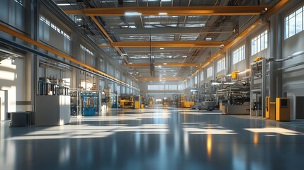 Obraz premium A large industrial building with a lot of machinery and equipment. The space is very open and bright, with a lot of natural light coming in from the windows. Scene is one of productivity