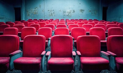 Obraz premium Abandoned Cinema Hall with Cracked Velvet Seats and Faded Movie Posters