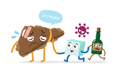 Liver cirrhosis with sugar, hepatitis virus, alcohol . Cute medical cartoon character . Isolate white background . Vector .