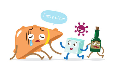 Fatty liver with sugar, hepatitis virus, alcohol . Cute medical cartoon character . Isolate white background . Vector .