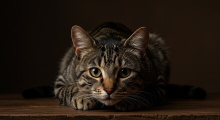 Captivating Portrait of a Tabby Cat Lying on Wooden Surface in Artistic Light, Perfect for Pet Enthusiasts and Animal Lovers