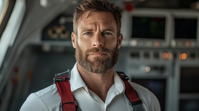 A pilot in uniform stands confidently inside a modern cockpit, showcasing professionalism and dedication in aviation, with advanced instruments clearly visible.