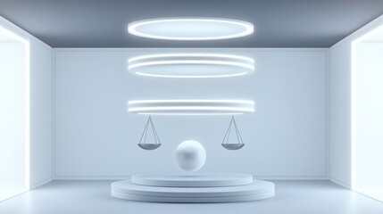 Minimalistic space features suspended scales and glowing orb, sy