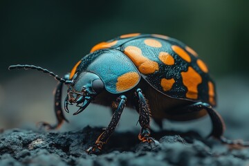 Naklejka premium Close-up of a vibrant beetle with a teal and orange shell. Intricate details visible.