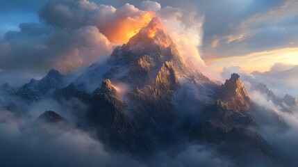 Fototapeta premium Colossal Rocky Mountain with Glowing Clouds Surrounding Its Majestic Peak in Cinematic Landscape