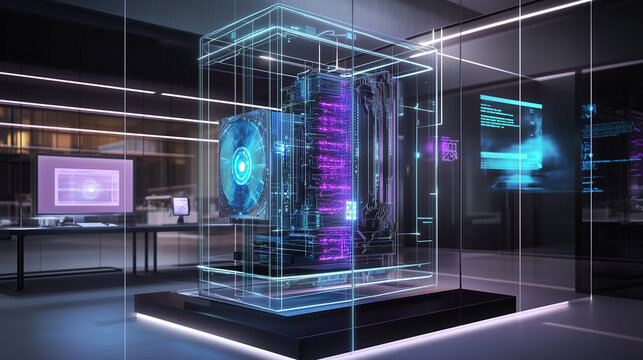 A futuristic tech lab featuring a quantum computer encased in glass, its intricate superconducting circuits pulsating with blue and purple neon energy