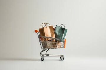 Shopping cart full of shopping bags is standing on white background