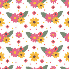 Seamless floral pattern with colorful flowers and green leaves on a white background. Perfect for fabric, wallpaper, wrapping paper, and Easter, Martch 8, Mother's day.