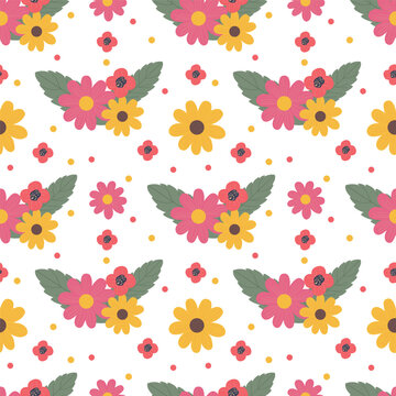 Seamless floral pattern with colorful flowers and green leaves on a white background. Perfect for fabric, wallpaper, wrapping paper, and Easter, Martch 8, Mother's day.