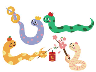 Fototapeta premium Cute Cartoon Snake Doodle Sticker Illustration Set