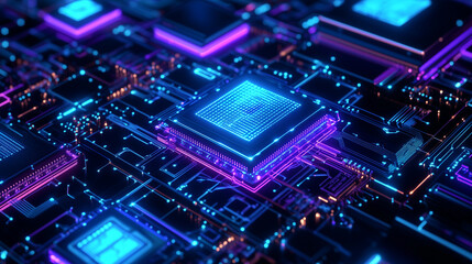 Obraz premium A high-tech, ultra-detailed depiction of layered semiconductor processors, glowing with bioluminescent blue and violet tones