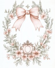  A delicate watercolor illustration in soft pastel colors, featuring a floral border made of small, intricate pink flowers and a pink ribbon