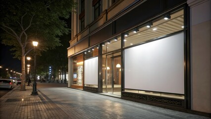 Obraz premium Night Shop Window Mockup, 3D Render, Blank Banner, High Depth of Field, Advertising Display