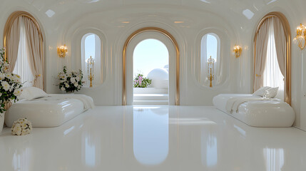 Luxurious white bedroom suite with ocean view
