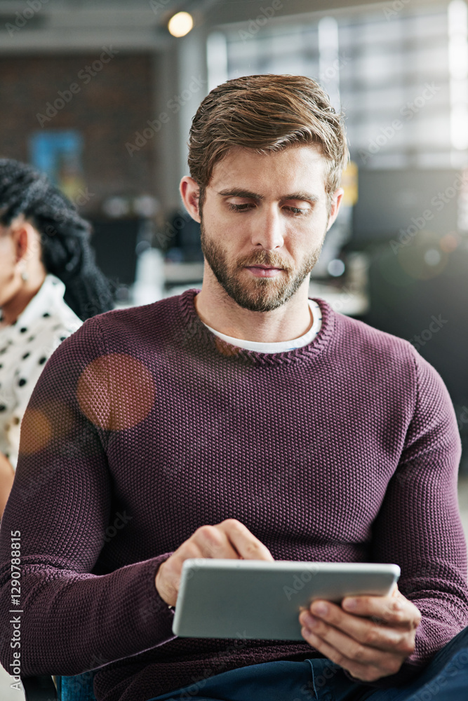 Poster Startup, business and man on tablet in office for networking, connection and digital notes. Company, professional and worker on tech for website, research report and planning for online project