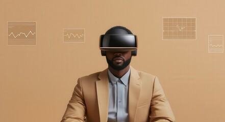 Future Ready collaboration concept. Man wearing VR headset with graphs in the background, dressed in a suit.