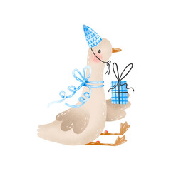 Little duck with blue bow in birthday cap present  gift box. Happy birthday card. Baby boy its a boy greeting card. Baby shower new born boy. Hand drawn goose