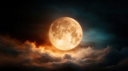 A captivating image of a radiant full moon casting its soft glow through a dramatic, moody sky filled with wispy clouds, evoking feelings of wonder and peace.
