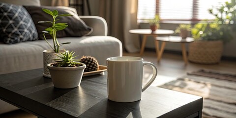 Panoramic Living Room Photo: White Mug, Plant, Dark Wood Table, Natural Light