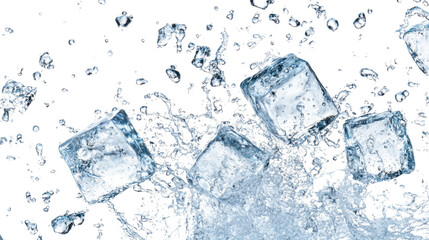 Ice cubes melting in water with reflections on a white surface