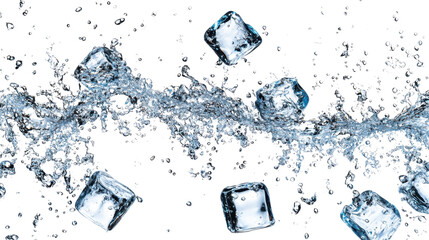 Ice cubes melting in water with reflections on a white surface