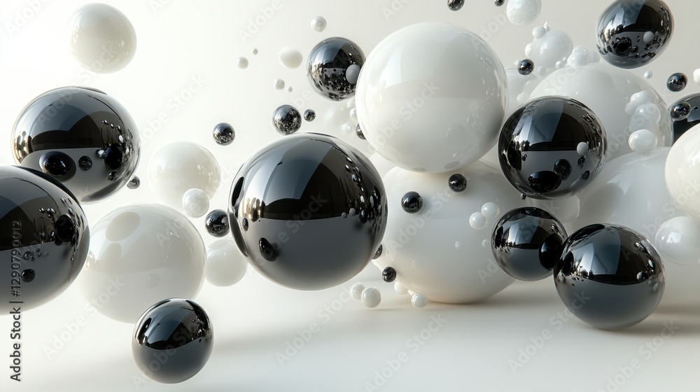 Poster abstract composition of perfectly rendered black and white bubbles, evenly distributed on a plain wh