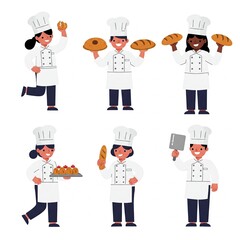 Illustration of Happy Chefs Holding and Presenting Various Baked Goods and Utensils - Diverse Characters in Chef Attire in a Fun Bakery-Themed Collection