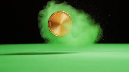 Golden disc hovers above vibrant green surface, surrounded by co