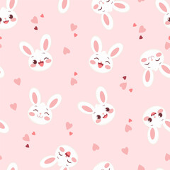 Seamless Pattern with Cartoon Bunny and Hearts on Pink Background, Vector Illustration