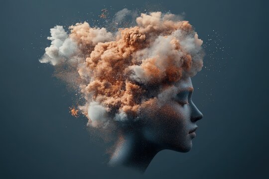 Woman exploding head suffering mental health issues with smoke and dust