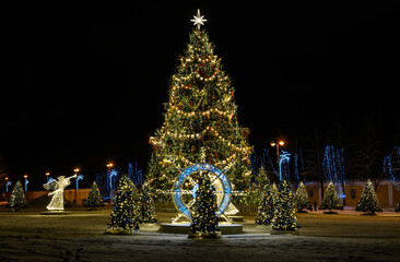 New Year's decoration. Christmas tree near the St. Nicholas Cathedral in Kronshtadt. Celebrating the New Year in Russia.