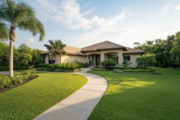 Luxurious single family home with landscaped garden and palm trees