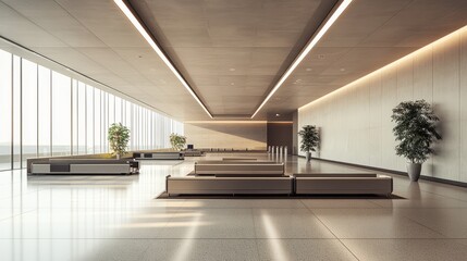 A baggage claim area with minimalist design and neutral tones, conveying calmness
