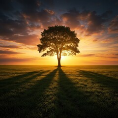 Fototapeta premium Majestic Lone Tree Silhouetted Against a Vibrant Sunset in Open Field