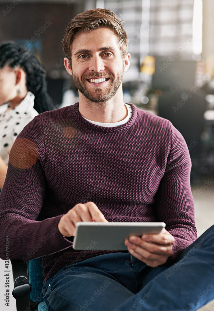 Poster office, portrait and business man on tablet in meeting for networking, connection and digital notes.