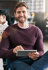 Office, portrait and business man on tablet in meeting for networking, connection and digital notes. Startup, happy and worker on tech for online project, research report and planning for company