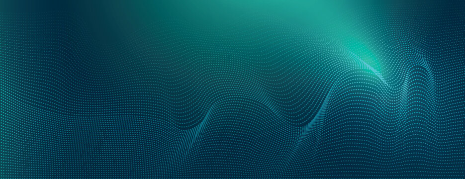 Abstract teal background with a wavy, dotted texture. The teal background creates a dynamic, flowing visual effect. Neon glow halftone pattern background. Turquoise background vector.