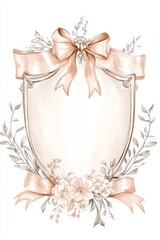 pastel watercolor illustration featuring an elegant square shield with a delicate ribbon border