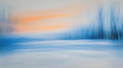 Winter landscape with blurred blue hues and soft orange sunset. Abstract scene of a snowy field and distant trees in serene, tranquil atmosphere.