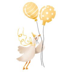 Silly duck fly on yellow air helium ballons. Kids hand drawn cartoon illustration. Newnor, baby birth, baby shower birthday design