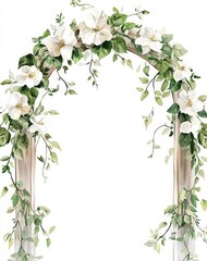 Fototapeta premium watercolor, vintage arch with white and green flowers and vines