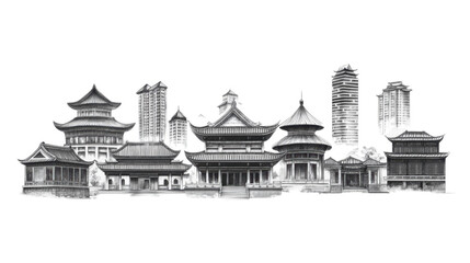 Obraz premium Vector illustration of an ancient castle with architectural details, featuring a stone building, roof, and historical elements, reflecting Asian and European influences in a scenic landscape