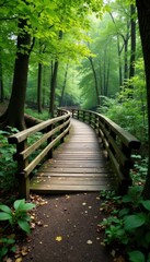 Obraz premium Rustic wooden bridge spanning a babbling brook on a forest trail, summer, leaves