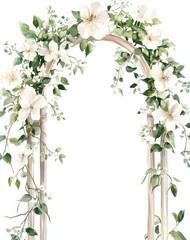  watercolor, vintage arch with white and green flowers and vines
