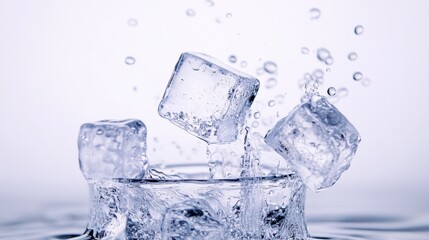 Obraz premium Crystal-clear ice cubes diving into a cold drink, sending water droplets flying and forming tiny bubbles, captured in mid-air against a white background. 