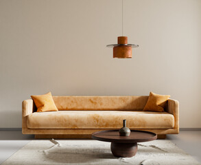 living room interior mock up with modern furnitures. Empty wall mock up in modern interior design....