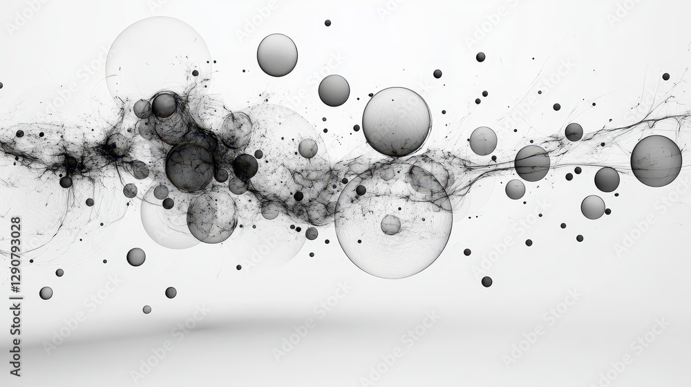 Poster scientific-style black and white bubble diagram, each bubble separated and outlined sharply, reflect